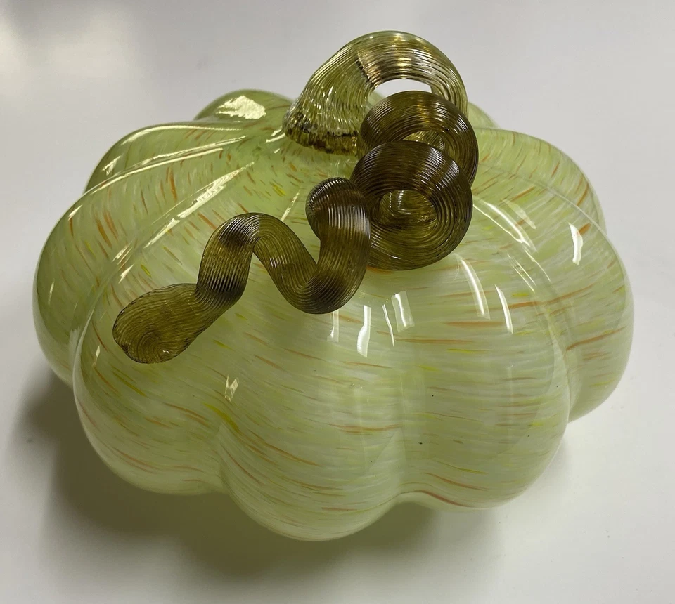 Hand Blown Art Glass Pumpkin Orange Green Flecks Twisted Reeded Clear Stem 9” - Image 2 of 4