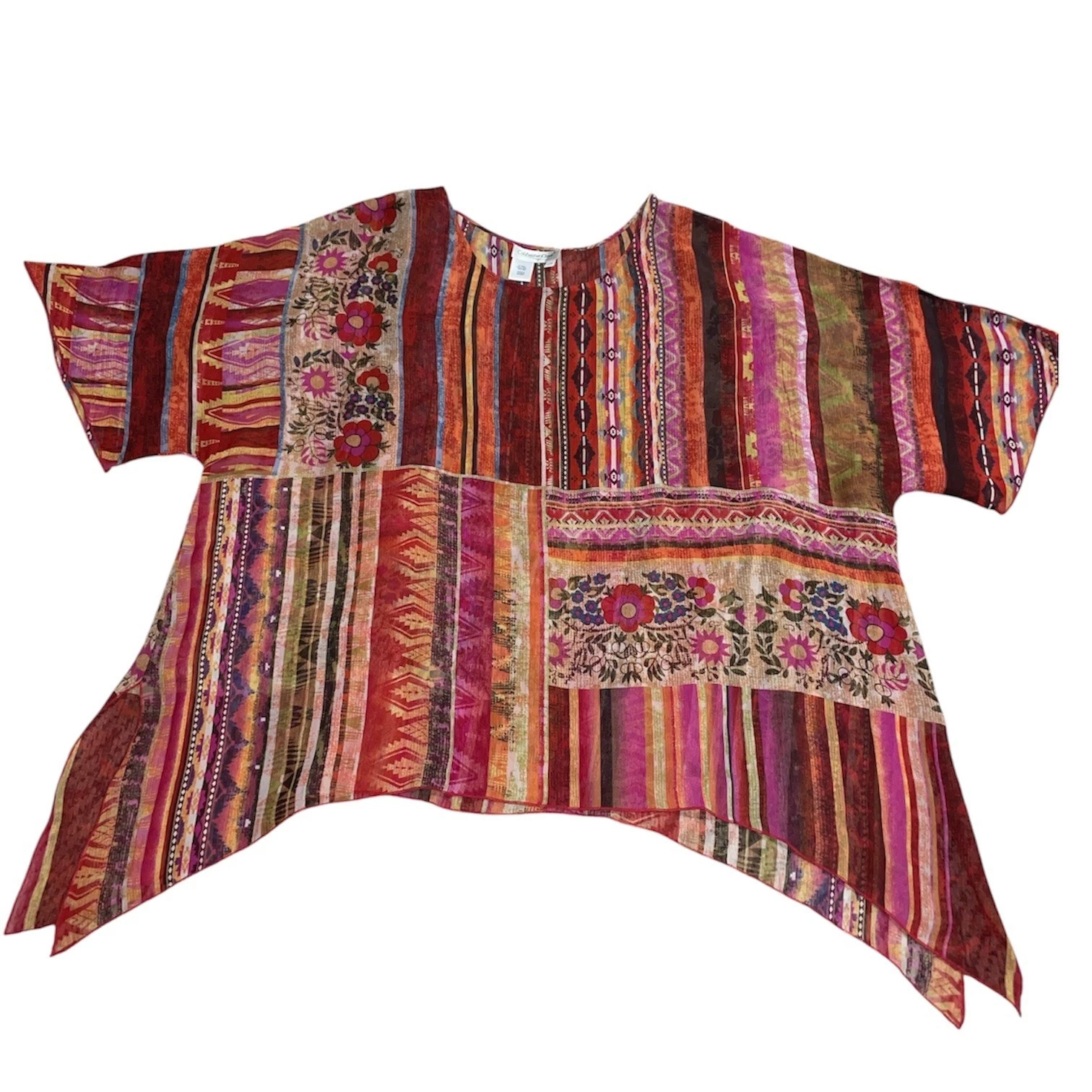 Coldwater Creek Silk Patchwork Floral Poncho Boho Top Red Orange L XL H52507