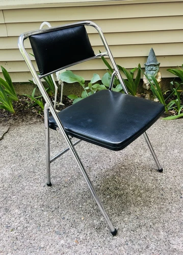 Vintage MCM Chrome Metal Cosco Folding Chair Black Faux Leather Padded Seat (1)