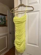 HOUSE OF CB Women’s Neon Yellow Ruched Mesh Bodycon Mini Dress - Size XS