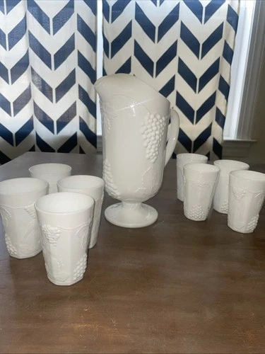 Vintage 1960’s Indiana Milk Glass Pitcher And 8 Tumblers In Harvest Grape