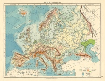 EUROPA PHYSISCH. Relief Meerestiefen Schlüsselberge Ebenen. JOHNSTON 1899 Karte