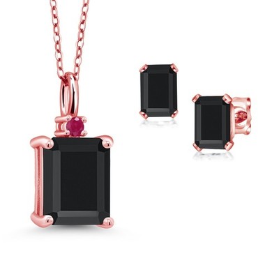 18K Rose Gold Plated Silver Onyx and Ruby Pendant and Earrings Jewelry Set For