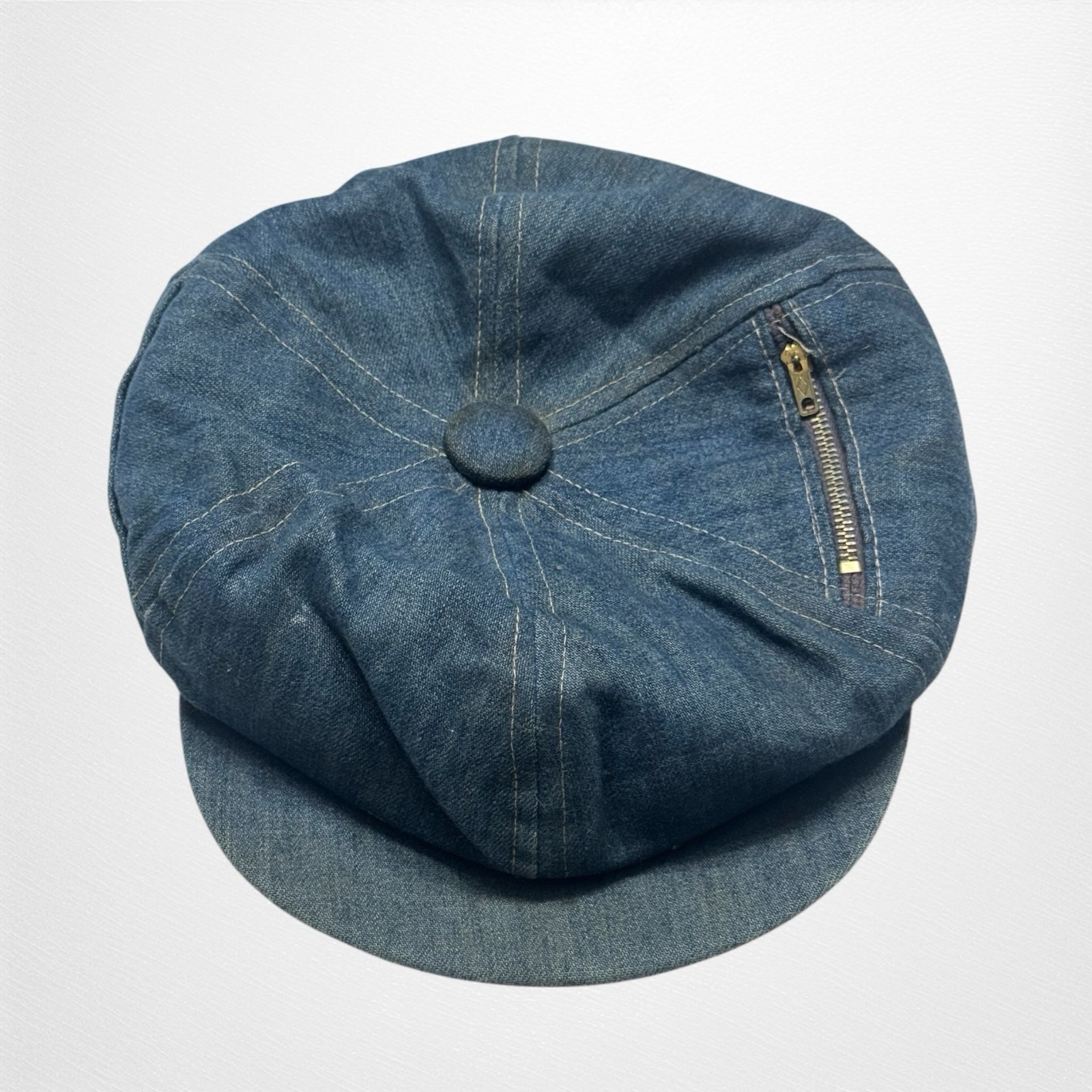Vintage Union Made Denim Cap 8 Panel Zipper Pocket Paperboy Hat Blue Small