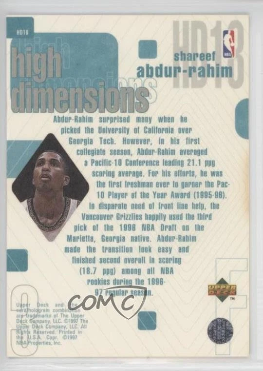 1997-98 Upper Deck High Dimensions /2000 Shareef Abdur-Rahim #HD18 - Image 2 of 2
