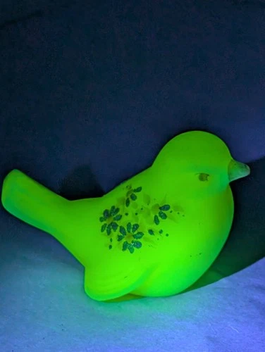 Fenton Uranium Satin Custard Glass Bird Vintage Hand Painted Signed Floral