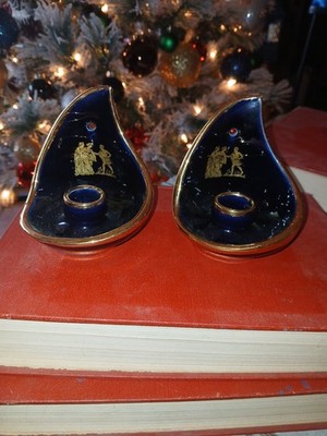VTG. SPATHAS KERAMIK CANDLE HOLDER HANDMADE/GREECE COBALT BLUE W/ 24K GOLD EDGE 
