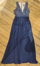 NW Nightway Women's 8 Navy Blue Lace Overlay Sequin Formal Evening Gown Dress
