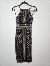 Lulus Black Cream Lace Overlay Cross Neck Knee Length Dress XS