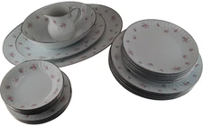 Noritake China Mabel 6357 pink rose platinum trim dinnerware service set (Japan)