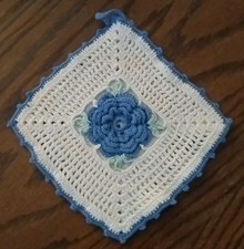 Vintage Handmade Crochet 3D Rose Potholder Blue White Green 6" Square