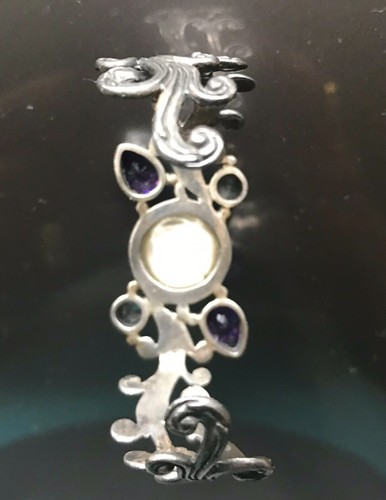 Vintage Bracelet Sterling Silver Mexico Lady Rare Black Cuff W/ Pretty Stones - 第 7/7 張圖片