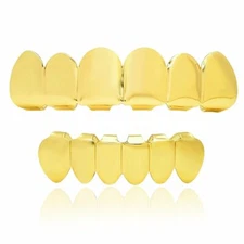 New Custom Fit 18k Gold Plated Hip Hop Teeth Grillz Caps Top & Bottom Grill Set