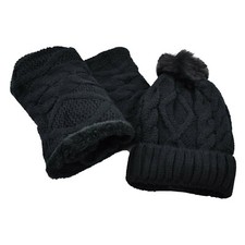 Women Fur Lined Beanie Pom Pom Hat and Scarf Set For Winter
