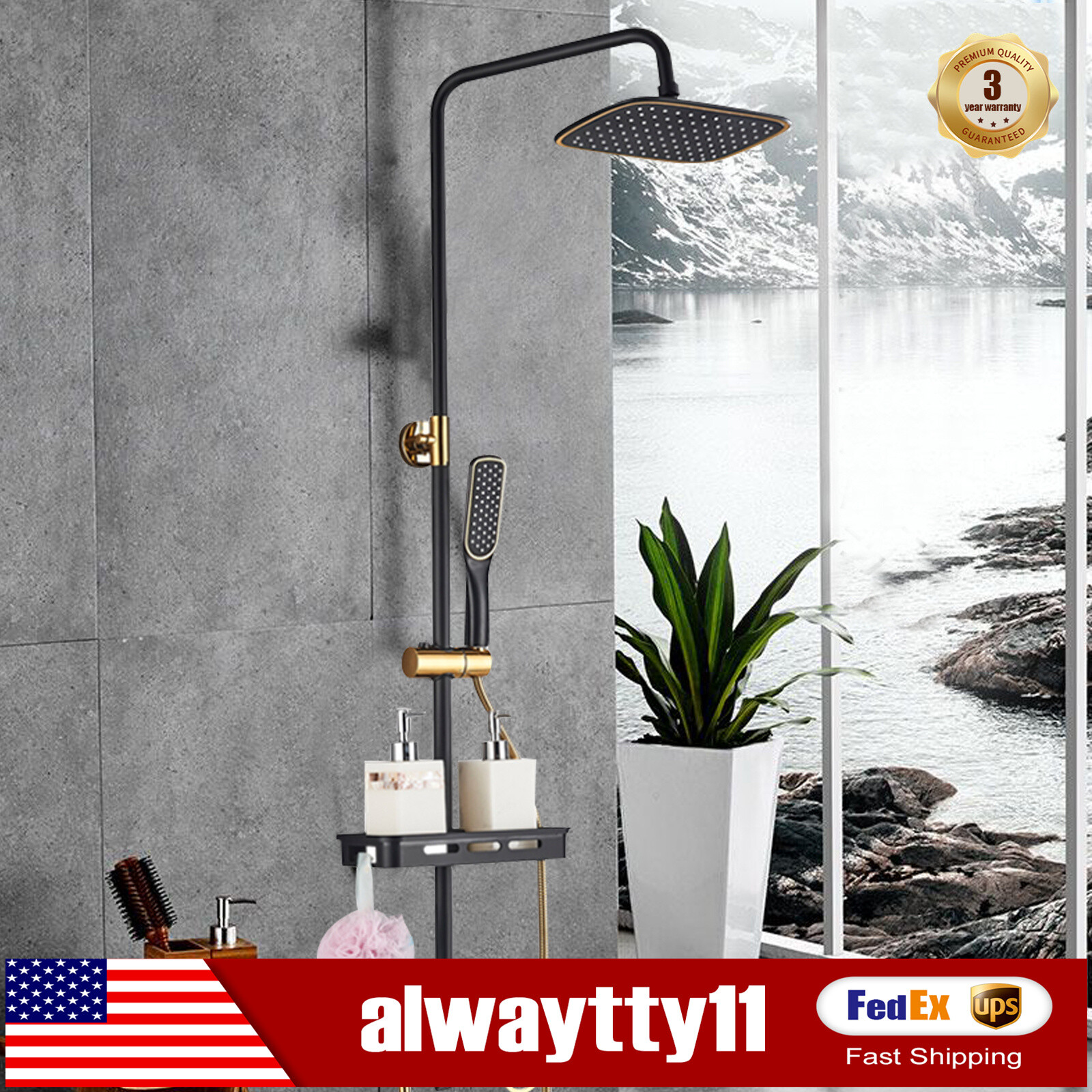Shower Faucet Set System Rainfall Shower Head Combo w/Mixer Valve Kit Wall Mount