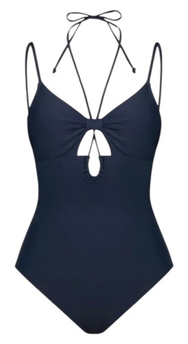 Cupshe One Piece Swim Costume Women's UK Size M Navy Halter Drawstring Cutout - Picture 5 of 8