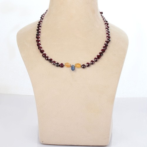 Multicolor Gemstone Natural Red Garnet Crystal Citrine & Kyanite Beaded Necklace - Picture 2 of 6