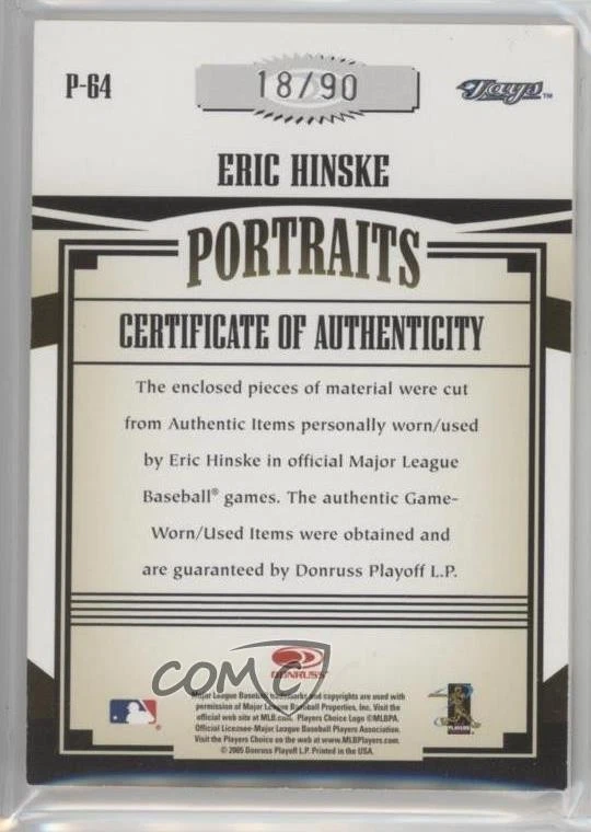 2005 Donruss Prime Patches Portraits Quad Swatch /90 Eric Hinske #P-64 - Image 2 of 2