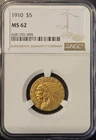 1910 Indian Head $5 Gold Half Eagle Coin MS62 NGC Certified
