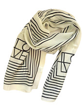 55"X13"White Simple Line Print Pure Mulberry Crepe Silk Long Scarf 140cmX35cm529