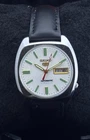 Vintage Seiko 5 Automatic White Dial Black Leather Strap Date/Day Working Watch