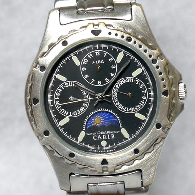 SEIKO ALBA CARIB V33F 1991 Black Dial Sun & Moon Triple Calendar Bracelet Japan