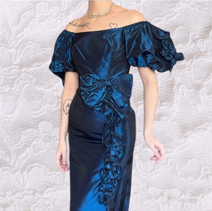 Vestido de noite vintage anos 80 azul royal iridescente tafetá, mangas folhadas (XXS/XS) - Imagem 4 de 4