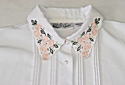 Vintage Yves St Clair Shirt Size 12 80s Embroidered Rose Collar Pearl Buttons