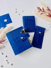 Blue leather notebook cover A7 2 rings mini wallet, Mini Planner Binder.