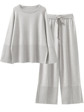 Womens 2 Piece Outfits Oversized Knit Sweater Set Wide Leg Pant Cozy Lounge M...