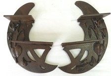 2x Mensola da Parete Legno Intagliato Art Nouveau Foglie Uccellino Luna Coppia Vecchia