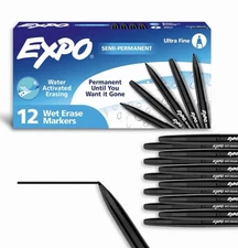 EXPO Wet Erase Markers, Semi-Permanent, Black, Ultra Fine Tip, 12 Count - New