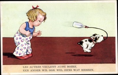 Künstler Ak Scheuermann, W., Mädchen, Hund hat eine Flasche... - 4034982