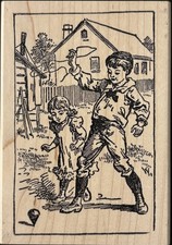 Rubber Stamp Vintage Illustration Victorian-Era Children Playing With Top LARGE