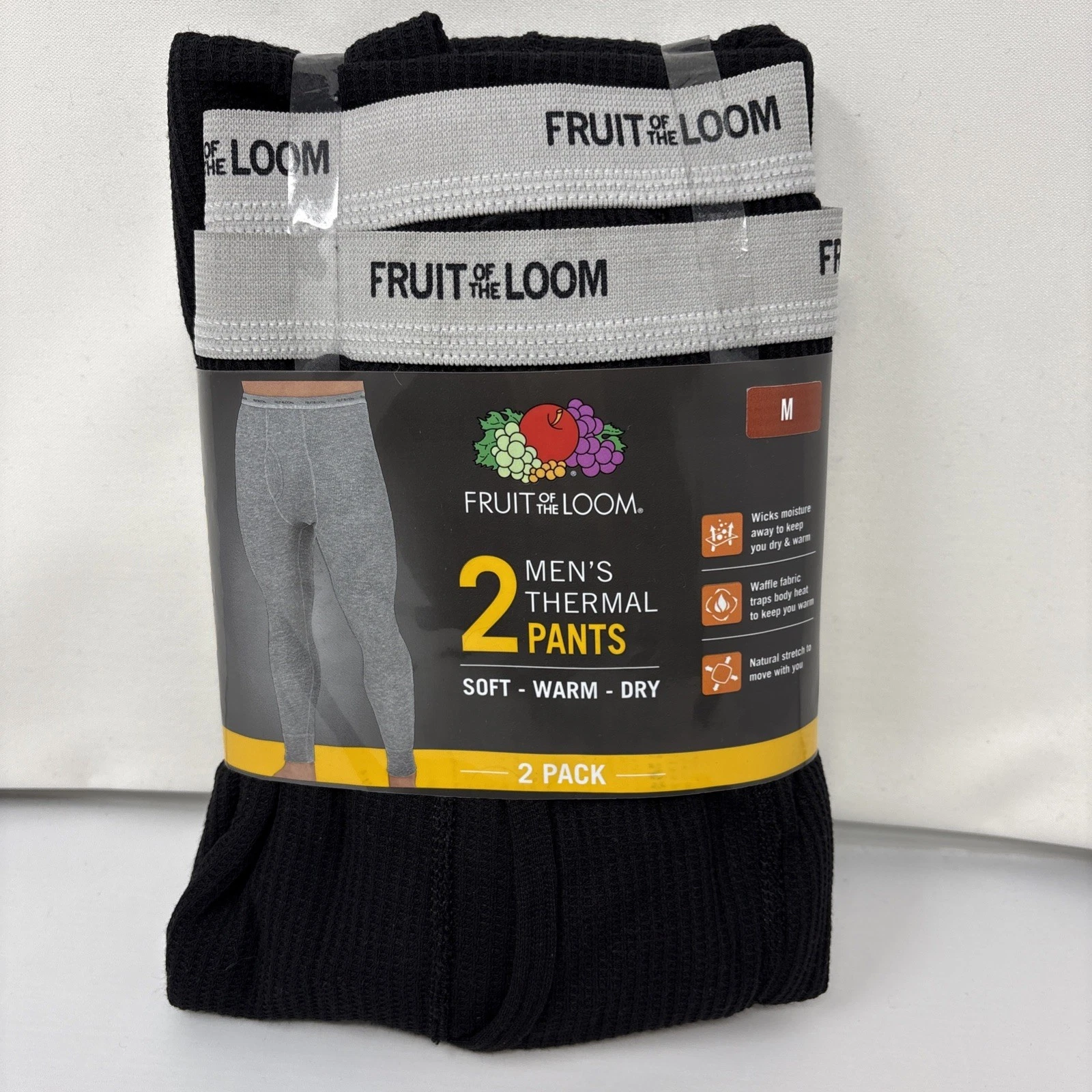 Fruit of the Loom 2 Pack Men's Black Thermal Pants Size Medium New