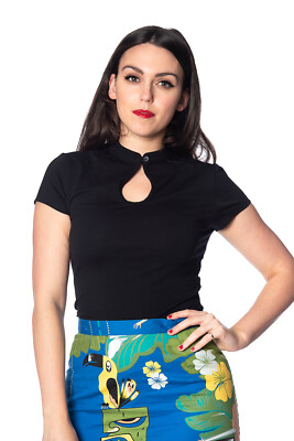 Damen schwarz Retro Vintage 50er Jahre orientalisch Mandarinkragen Top BANNED Apparel