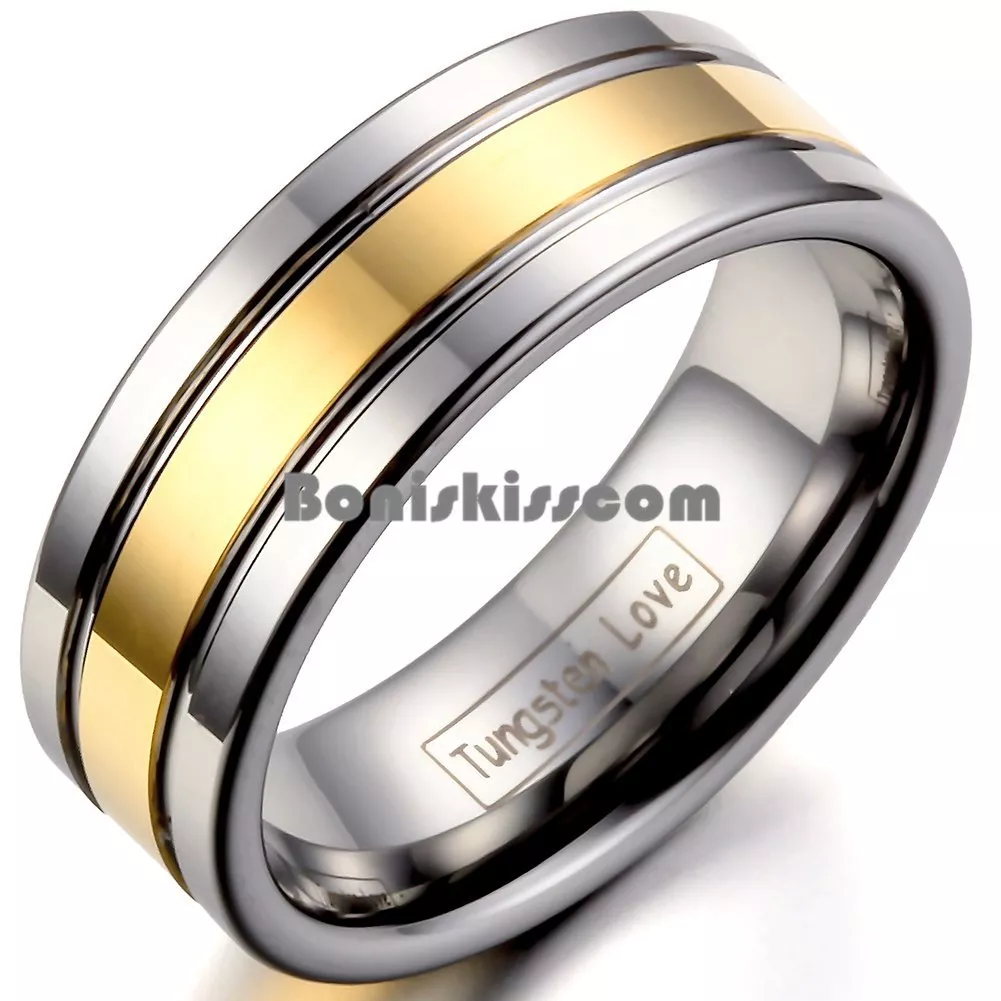 Men s 8mm Silver Tungsten Carbide Ring Gold Tone Stripe Center Wedding Band