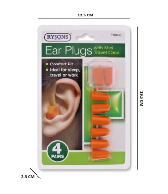 RYSONS Ear Plugs with mini travel case 4 Pairs Soft Foam Bullet Ear Plug Work Sleep
