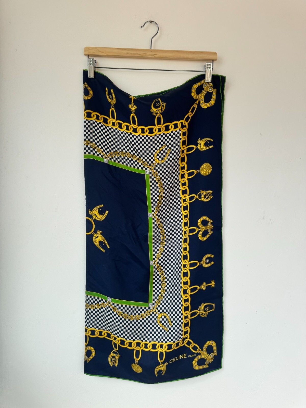 Céline Unisex Blue Gold 100percent Silk Print Square Scarf Pre Owned