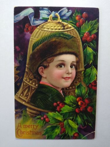Victorian Christmas Postcard Boy Bell Ornament Series 1480 Germany Antique - Picture 5 of 5
