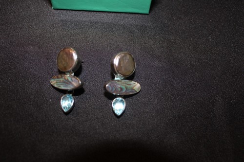 Amy Kahn Russell Sterling Pearl, Abalone and Topaz Pierced Earrings - Picture 2 of 6