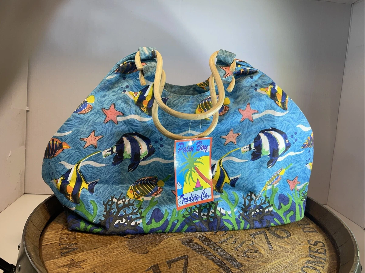 Palm Bag Trading Company Beach Bag Zip Tropical Fish Pattern With Wood Handles