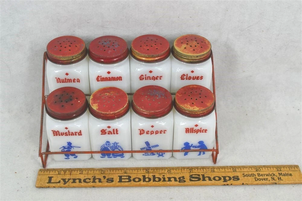 vintage spice rack w/8 jars red white wall mount milk glass dutch original 1950