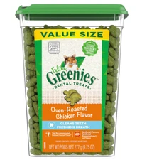 Greenies Feline Adult Natural Dental Cat Treats,Oven Roasted Chicken,9.75 oz Tub
