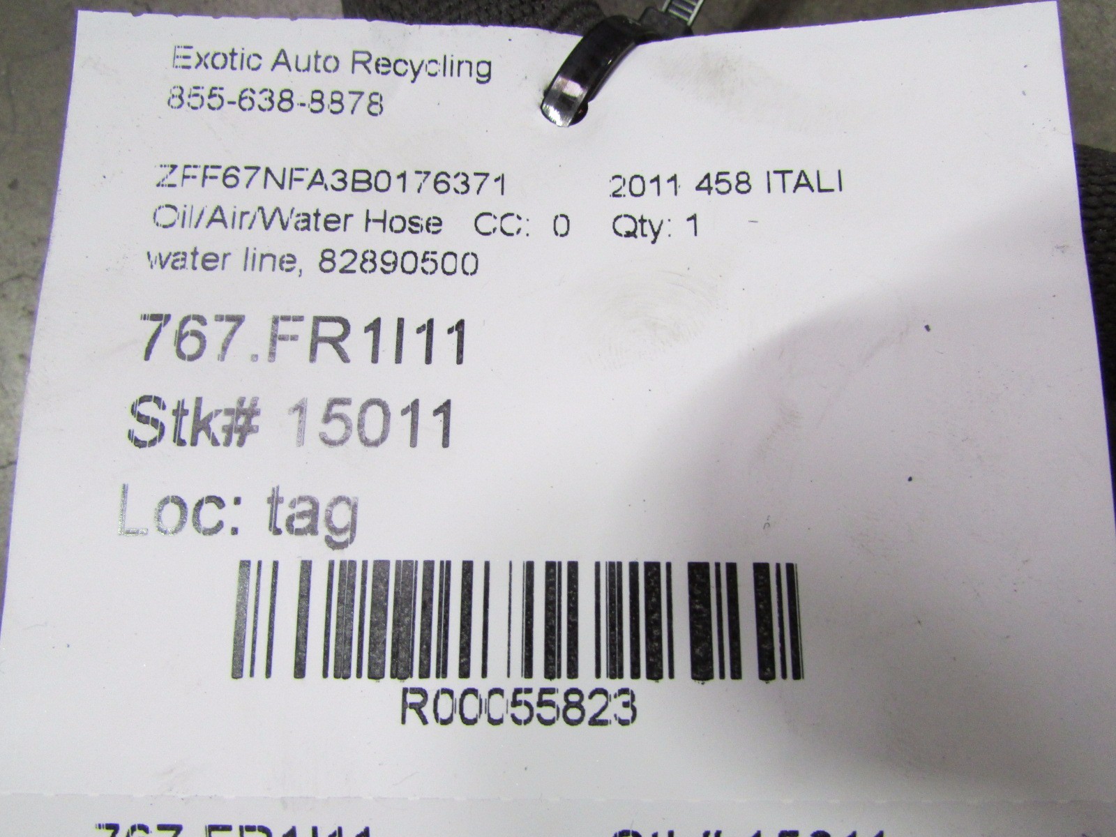 Ferrari 458 Italia, Speciale, Spider Water Line Hose, Used, P/N 82890500