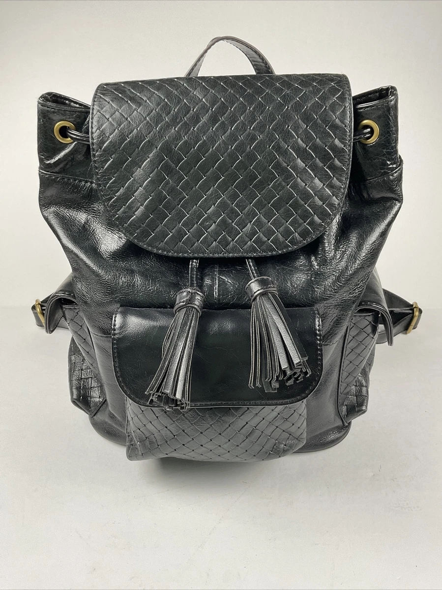 Tignanello Black Genuine Woven Leather Backpack Hand Bag Purse 13x13