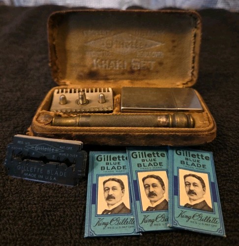 Vintage WWI US Army Issue Gillette Razor Khaki Set In Box W/ Metal Razor Holder