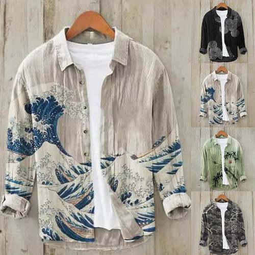 Herren Hawaii Langarm Button Down Hemd Freizeit traditionelles Muster - Bild 3 von 20