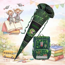 Personalisierte Schultüte Dinosaurier schwarz grün Stoff mit Namen