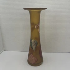 Vintage Amber Color Glass Bud Vase Hand Painted 3D Flowers 10”.           Bin #7